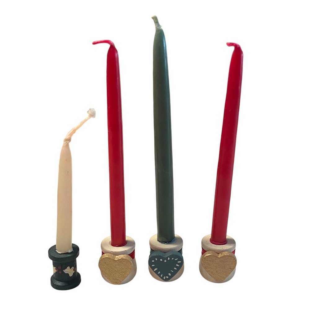 Vintage Style Miniature Wood Candle Holders with Tiny‎ Taper Candles Set of 4
